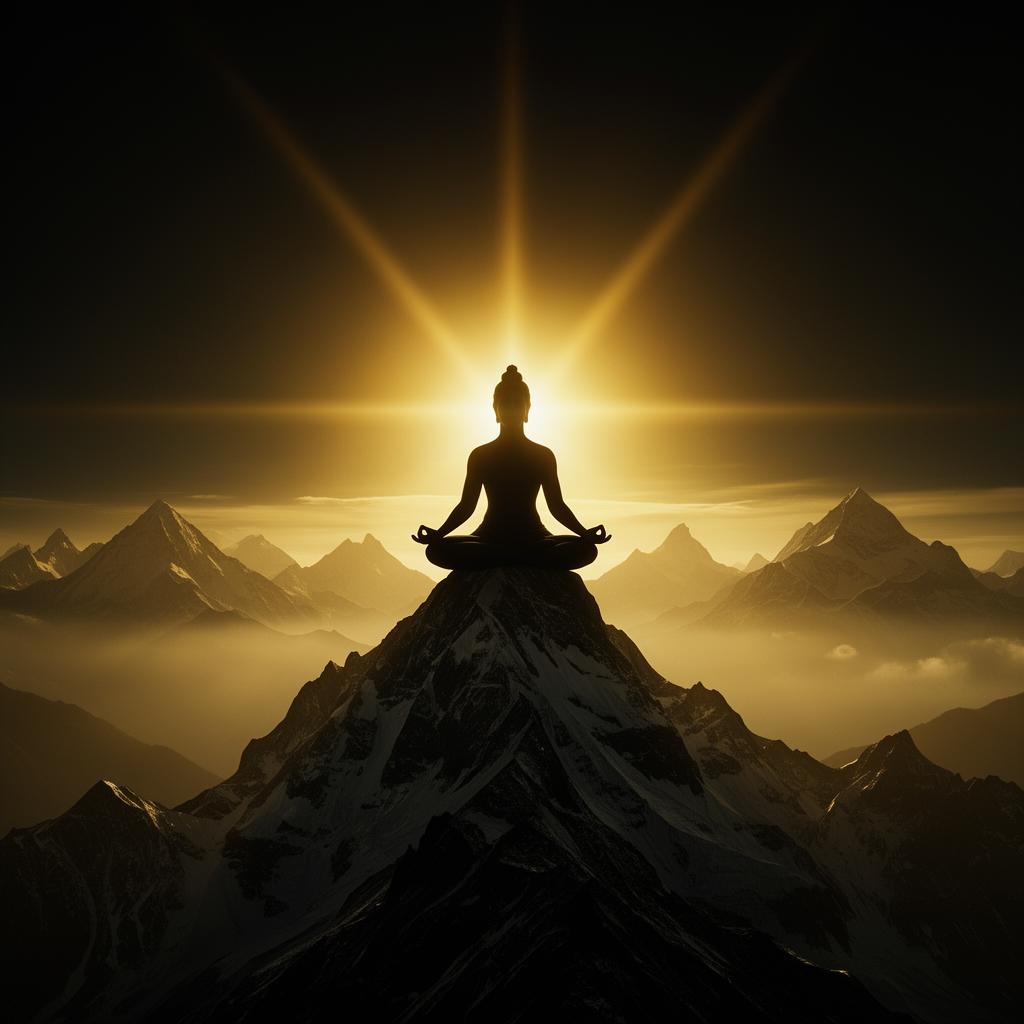 Silhouette of a yogi meditating on a Himalayan peak at sunrise